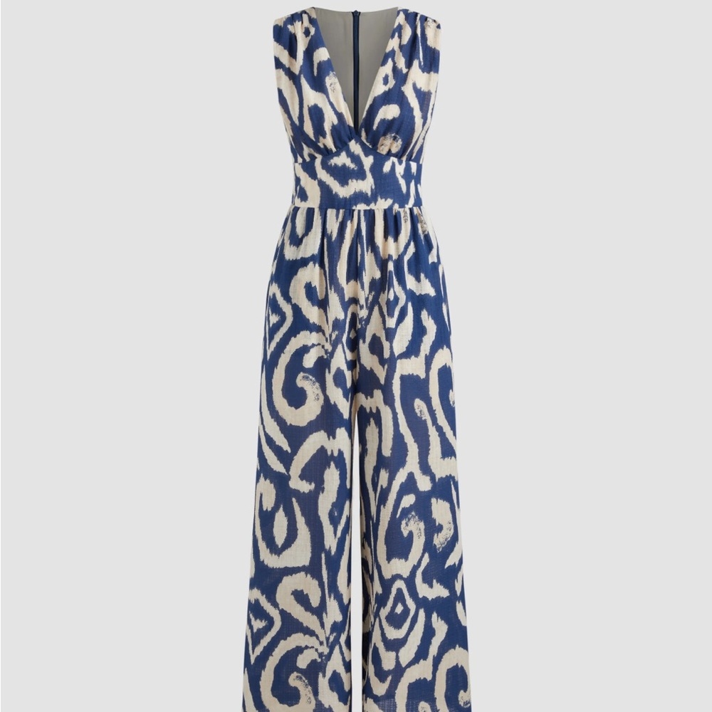 NWT WOVEN V-NECK PATTERN WIDELEG JUMPSUIT